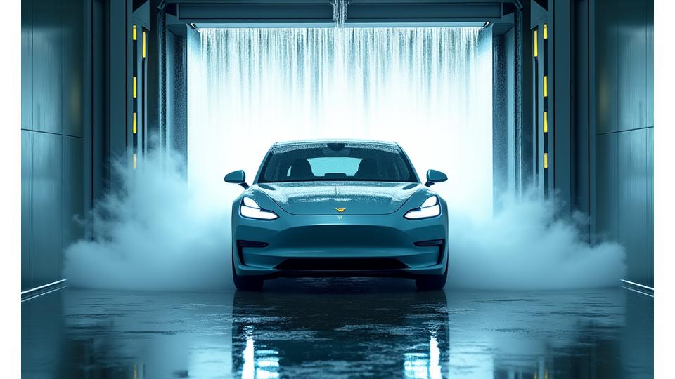 Clean car under sparkling water at a car wash, representing subscription packages.