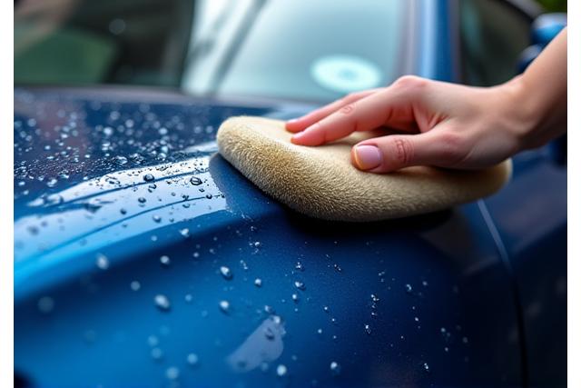 Car exterior being treated with a ceramic coating, showing a glossy finish
