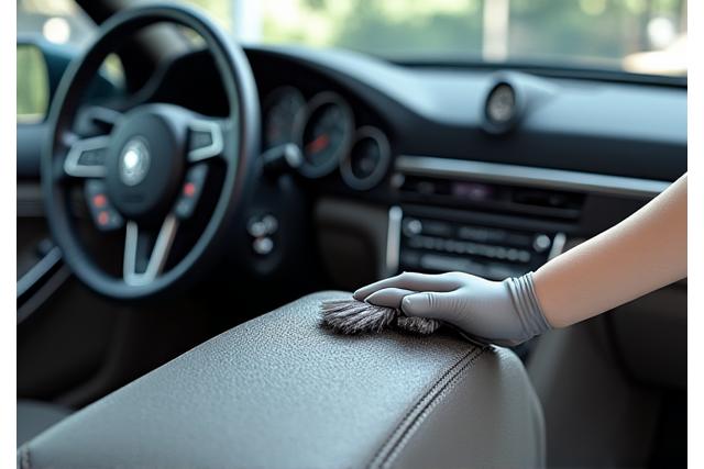 Detailed shot of a clean car interior with vacuum and cleaning supplies
